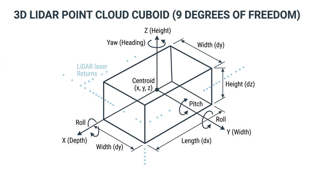 3D LiDAR point cloud bounding cuboid diagram illustrating data annotation quality, 9 Degrees of Freedom, spatial coordinates, metric dimensions, and rotation angles