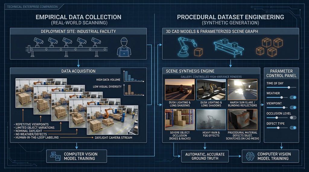 Empirical Data Collection vs. Procedural Synthetic Generation Technical diagram comparing empirical real-world data collection against procedural synthetic data generation with parameterized lighting, occlusions, and CAD defects.
