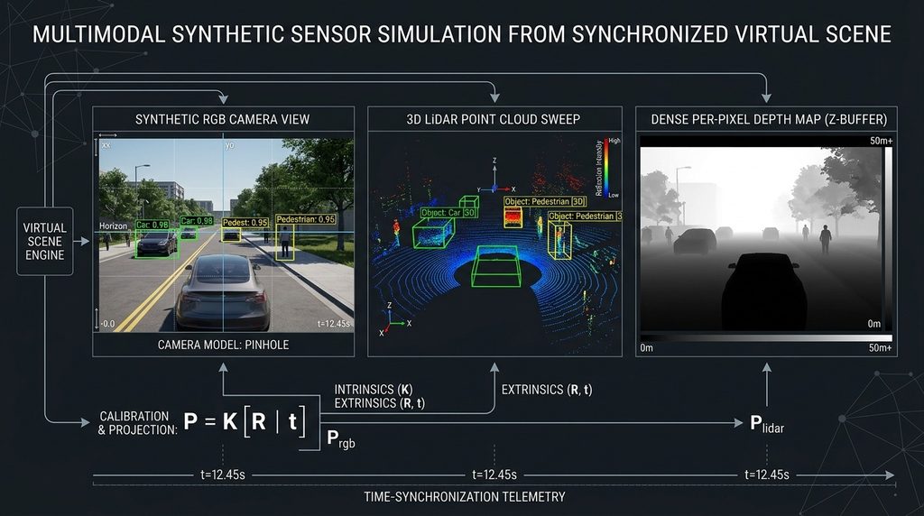 Multimodal synthetic sensor simulation diagram displaying synchronized RGB camera view, 3D LiDAR point cloud sweep, and dense per-pixel depth map with projection matrix K[R|t].