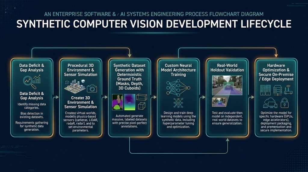 Enterprise Synthetic Computer Vision Development Lifecycle Flowchart illustrating the end-to-end synthetic computer vision development lifecycle from data deficit analysis to secure on-premise deployment.